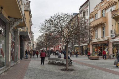 Plovdiv, Bulgaristan - 2 Şubat 2019: Panoramik manzaralı merkezi yayalara Şehir Plovdiv, Bulgaristan