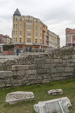 Plovdiv, Bulgaristan - 2 Şubat 2019: Panoramik manzaralı merkezi yayalara Şehir Plovdiv, Bulgaristan