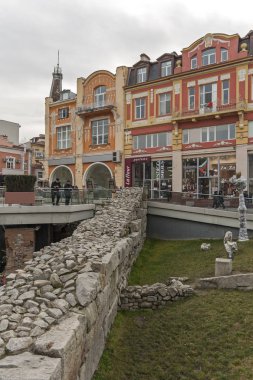 Plovdiv, Bulgaristan - 2 Şubat 2019: Panoramik manzaralı merkezi yayalara Şehir Plovdiv, Bulgaristan