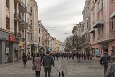 Plovdiv, Bulgaristan - 2 Şubat 2019: Panoramik manzaralı merkezi yayalara Şehir Plovdiv, Bulgaristan