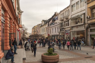 Plovdiv, Bulgaristan - 2 Şubat 2019: Panoramik manzaralı merkezi yayalara Şehir Plovdiv, Bulgaristan