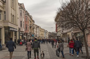 Plovdiv, Bulgaristan - 2 Şubat 2019: Panoramik manzaralı merkezi yayalara Şehir Plovdiv, Bulgaristan