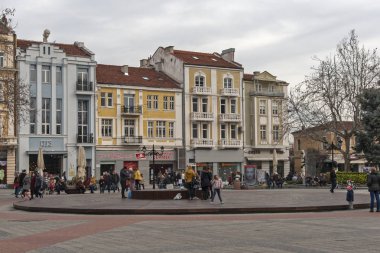 Plovdiv, Bulgaristan - 2 Şubat 2019: Panoramik manzaralı merkezi yayalara Şehir Plovdiv, Bulgaristan
