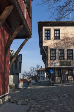 Plovdiv, Bulgaristan - 10 Şubat 2019: On dokuzuncu yüzyılda evlerde mimari ve tarihi eski şehir şehir Plovdiv, Bulgaristan rezerv