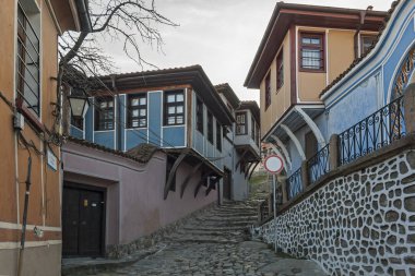 Plovdiv, Bulgaristan - 10 Şubat 2019: On dokuzuncu yüzyılda evlerde mimari ve tarihi eski şehir şehir Plovdiv, Bulgaristan rezerv