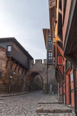 Plovdiv, Bulgaristan - 10 Şubat 2019: On dokuzuncu yüzyılda evlerde mimari ve tarihi eski şehir şehir Plovdiv, Bulgaristan rezerv
