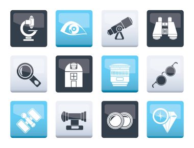 Optik ve lens ekipman simgelerinin üzerinde renk arka plan - vektör Icon set