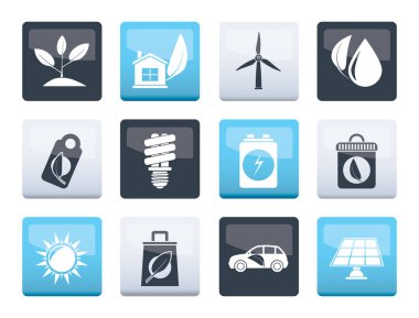 Yeşil ve çevre simgelerinin üzerinde renk arka plan - vektör Icon set