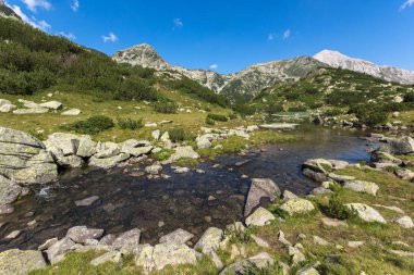 Yaz manzara dağ nehir ve Hvoynati tepe, Pirin Dağı, Bulgaristan