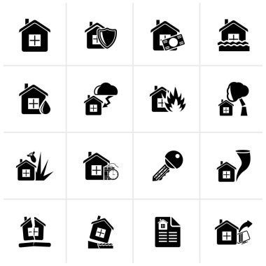 Siyah ev risk ve sigorta simgeler vektör Icon set