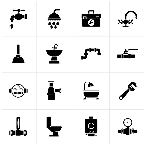 Fekete Vízvezeték Tárgyak Eszközök Berendezések Ikonok Vector Icon Set — Stock Vector