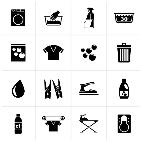 Schwarze Waschmaschine Und Wäsche Symbole Vektor Icon Set — Stockvektor