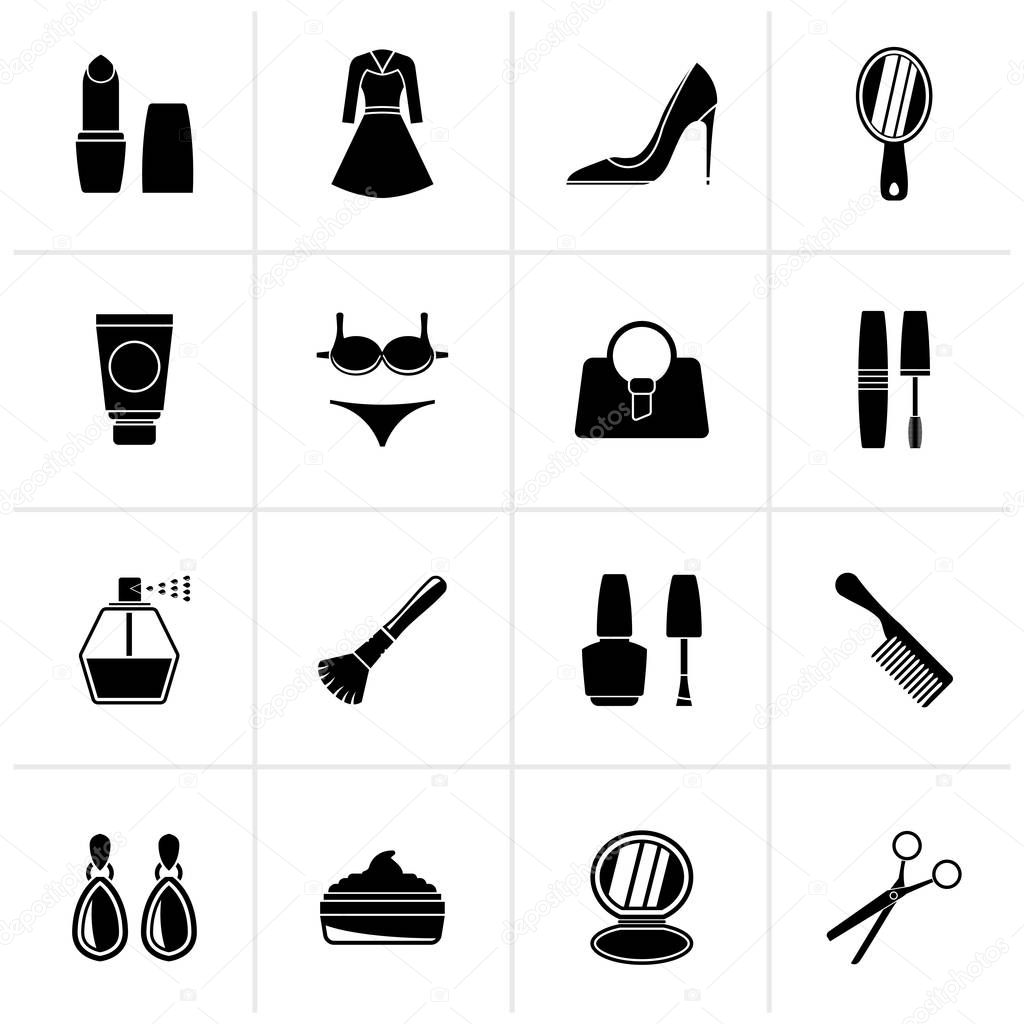Black female objects and accessories icons  - vector icon set