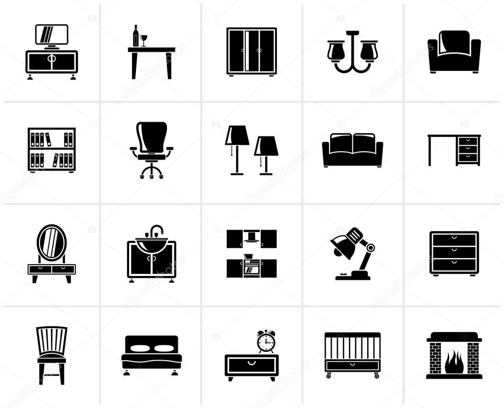 Black furniture and home equipment icons - vector icon set