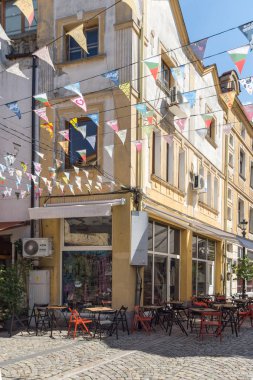 Plovdiv, Bulgaristan - 5 Temmuz 2018: Sokak ve evler bölgesinde Kapana, şehir Plovdiv, Bulgaristan 