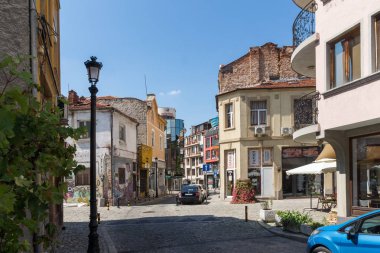 Plovdiv, Bulgaristan - 5 Temmuz 2018: Sokak ve evler bölgesinde Kapana, şehir Plovdiv, Bulgaristan 