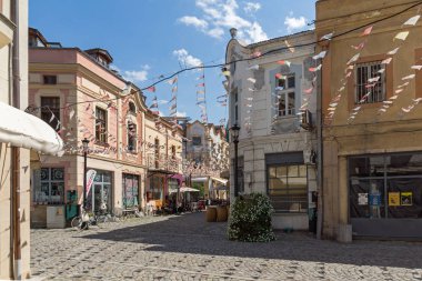 Plovdiv, Bulgaristan - 5 Temmuz 2018: Sokak ve evler bölgesinde Kapana, şehir Plovdiv, Bulgaristan 