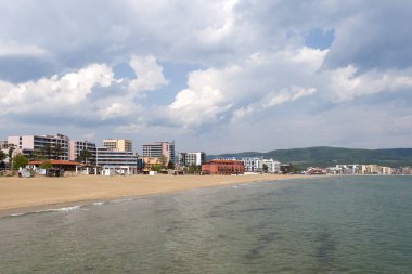 Sunny Beach, Bulgaristan - 2 Mayıs 2008: Panoramik ünlü yaz resort Sunny Beach, Burgaz bölge, Bulgaristan
