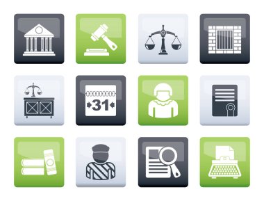 Adalet ve hukuk sisteminin simgelerinin üzerinde renk arka plan - vektör Icon set