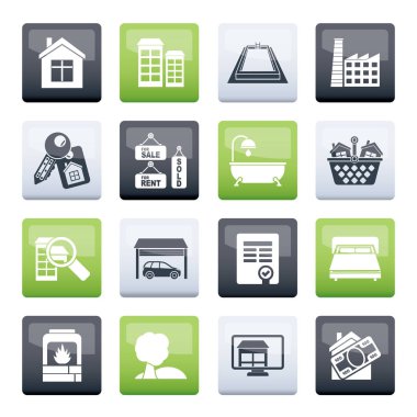 Emlak nesneleri ve renk arka plan - vektör Icon Set simgeleri