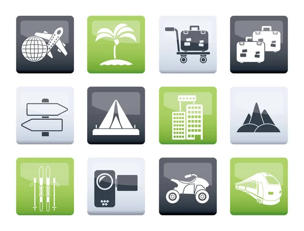 Vakantie Reizen Vervoer Pictogrammen Kleur Achtergrond Vector Icon Set — Stockvector