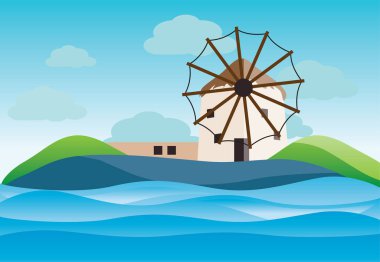 Typical Geece landscape with winmills at Myconos island- vector illustration clipart