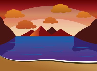 Yaz Sunset Beach ile dalgalar, arka plan bulutlar - vektör çizim