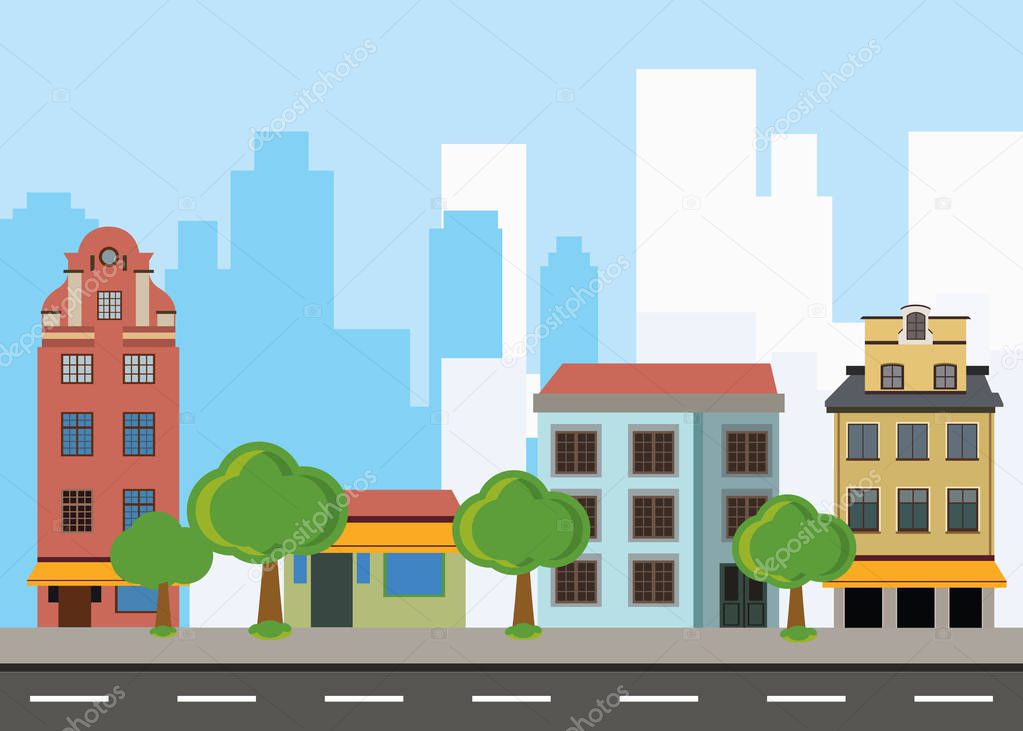 Line Design Urban landscape with large modern buildings  - vector illustration