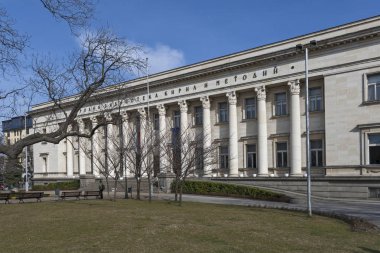 Sofya, Bulgaristan-7 Mart 2019: Sofya Ulusal Kütüphanesi St. Cyril ve Methodius kış görünümü, Bulgaristan