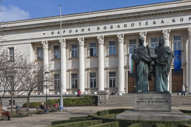 Sofya, Bulgaristan-7 Mart 2019: Sofya Ulusal Kütüphanesi St. Cyril ve Methodius kış görünümü, Bulgaristan