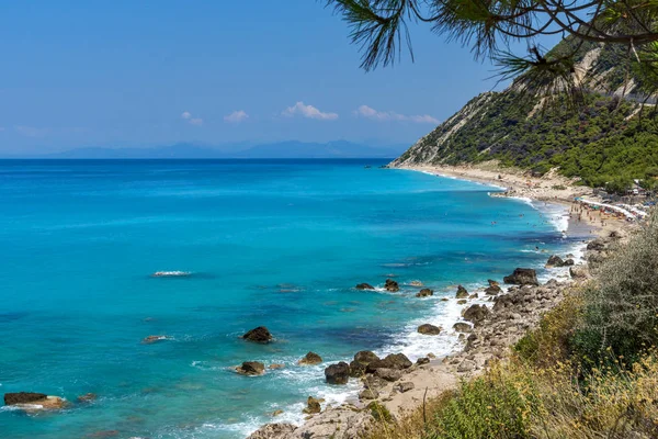 青い海 レフカダ島 イオニア諸島 ギリシャのコキノス Vrachos ビーチの海景 — ストック写真