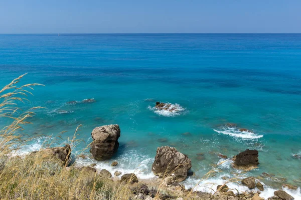 Paysage Marin Kokkinos Plage Vrachos Avec Eaux Bleues Leucade Îles — Photo