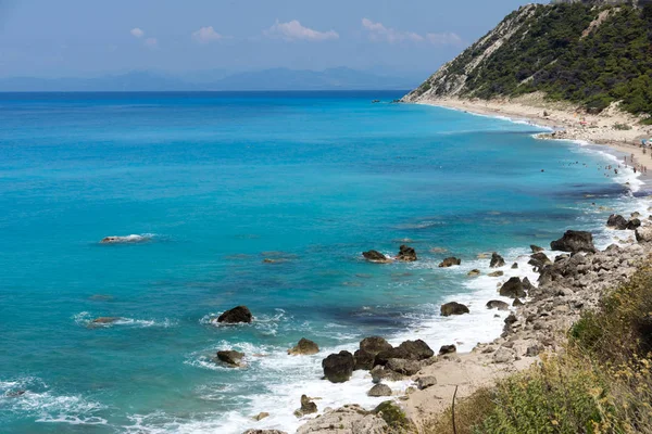 Zeegezicht Van Kokkinos Vrachos Strand Met Blauwe Wateren Lefkada Ionische — Stockfoto