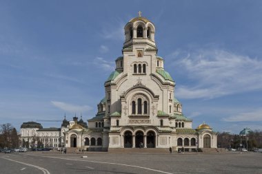 Sofya, Bulgaristan-7 Mart 2019: Sofya 'da Saint Alexander Nevski Katedrali 'nin muhteşem manzarası, Bulgaristan