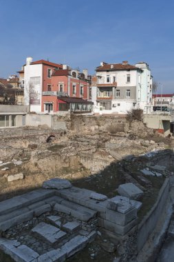Filibe, Bulgaristan-10 Şubat 2019: Filibe kentinde Roma Odeon Harabeleri Panoraması, Bulgaristan