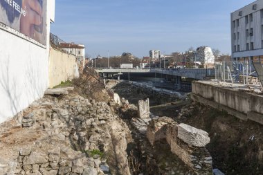Filibe, Bulgaristan-10 Şubat 2019: Filibe kentinde Roma Odeon Harabeleri Panoraması, Bulgaristan