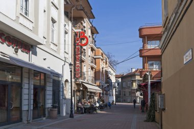 Filibe, Bulgaristan-10 Şubat 2019: Plovdiv şehir merkezi yaya caddesinde eski bina, Bulgaristan