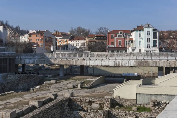 stock image PLOVDIV, BULGARIA - FEBRUARY 10, 2019:  Panorama of Ruins of Roman Odeon in city of Plovdiv, Bulgaria