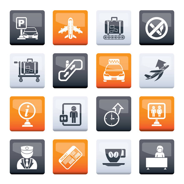 Значки аэропорта и транспорта на цветном фоне - набор векторных значков
