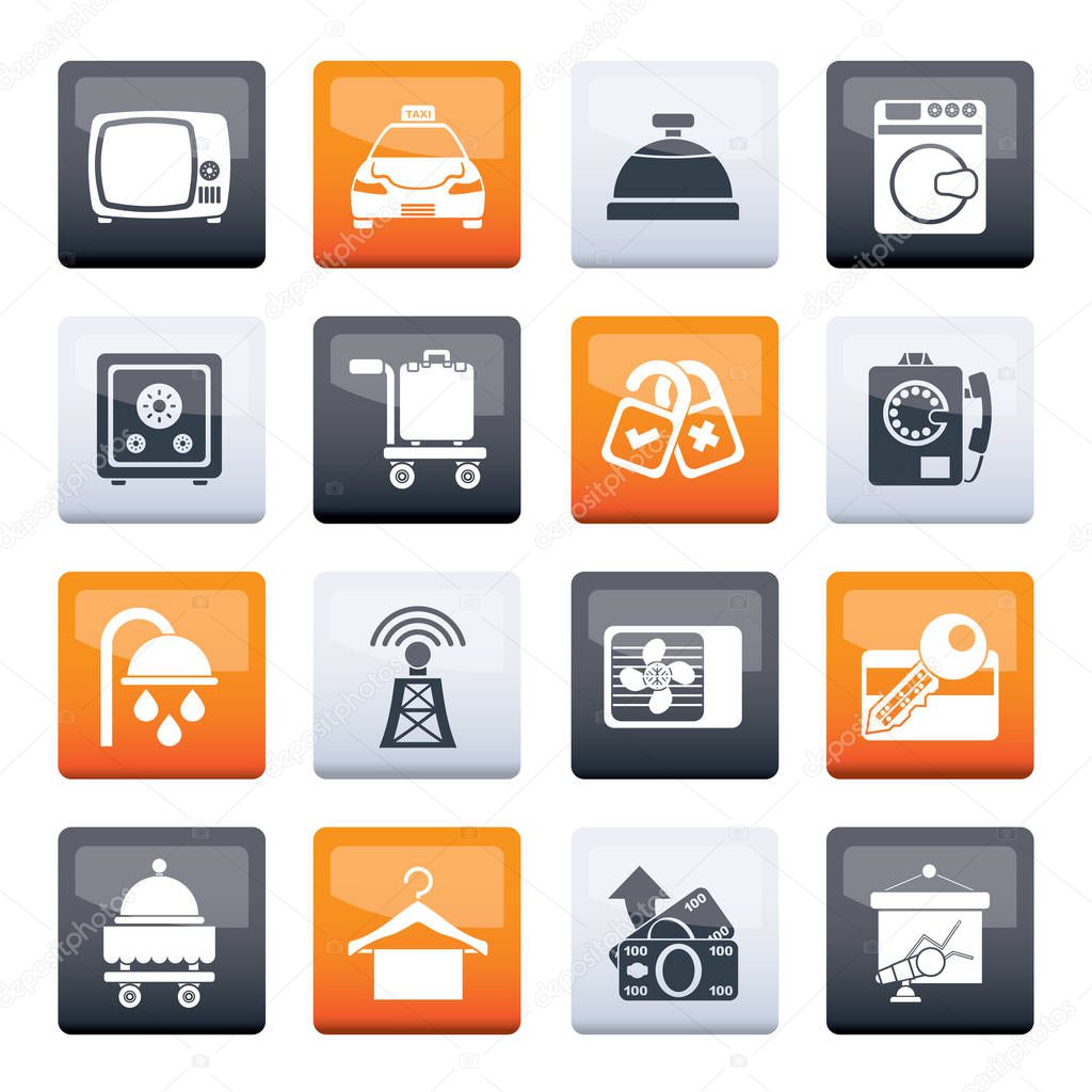 Hotel and motel room facilities icons over color background - vector icon set