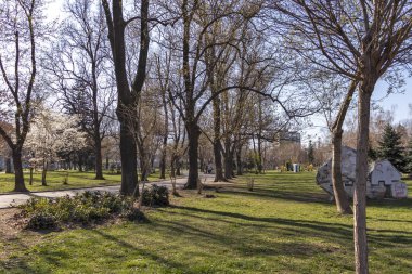 Sofia, Bulgaristan - 27 Mart 2019: Bahar manzara ağaçlar ve bahçeleri, Park Zaimov City, Sofia, Bulgaristan