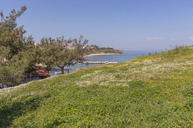 Nea Fokea kasabasının panoramik manzarası, Kassandra, Chalkidiki, Orta Makedonya, Yunanistan