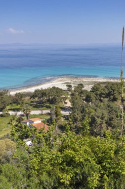 Afytos, Kassandra, Chalkidiki, Orta Makedonya, Yunanistan kentinin plajın panoramik görünümü