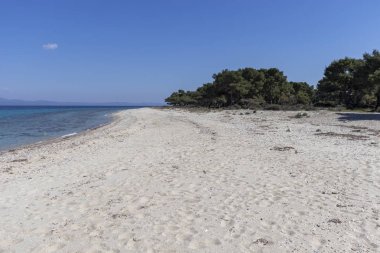 Kassandra Yarımadası, Chalkidiki, Orta Makedonya, Yunanistan 'da Lagoon Beach 'in muhteşem manzarası