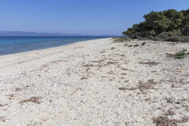 Kassandra Yarımadası, Chalkidiki, Orta Makedonya, Yunanistan 'da Lagoon Beach 'in muhteşem manzarası