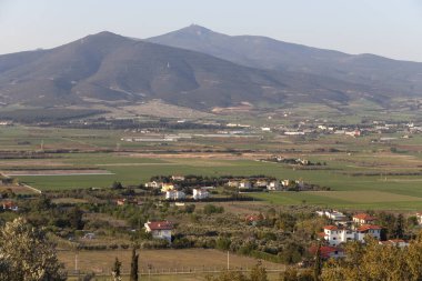 Selanik şehri yakınındaki Chalkidiki Dağı Chortiatis ve kırsal arazi Sunset Landscape, Orta Makedonya, Yunanistan