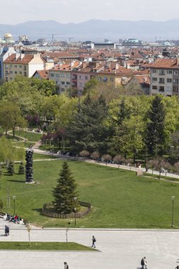 Sofya, Bulgaristan -21 Nisan 2019: Ulusal Kültür Sarayı'ndan Sofya şehrinin panoramik görünümü, Bulgaristan