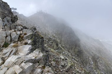 Musala zirvesi, Rila dağı, Bulgaristan'dan sisle kaplı tepelerin muhteşem panoramik manzarası