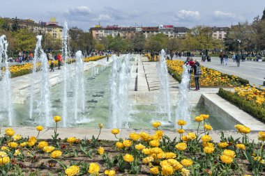Sofya, Bulgaristan -21 Nisan 2019: Ulusal Kültür Sarayı önünde çiçek bahçesinin bahar manzarası, Bulgaristan