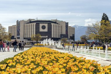 Sofya, Bulgaristan -21 Nisan 2019: Ulusal Kültür Sarayı önünde çiçek bahçesinin bahar manzarası, Bulgaristan